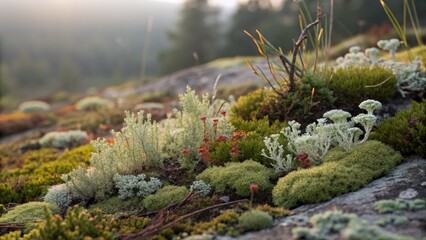 Lush Green Moss and Lichen on Rocky Surface
