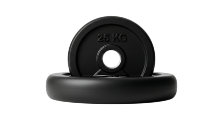 Weight Plate, Two Black with 25 KG Marking Stacked on a Gym Floor isolated on a transparent background, cutout, PNG