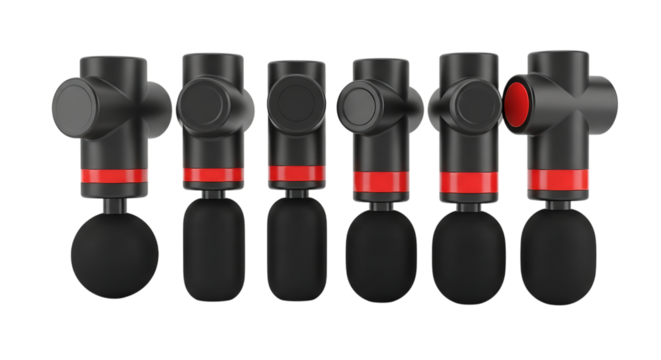 Massage Gun, Six Black with Red Accents Lined Up in a Row isolated on a transparent background, cutout, PNG - Powered by Adobe