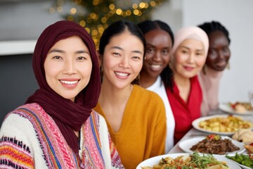 Diverse multicultural women enjoying a joyful holiday dinner with friends, celebrating togetherness and festive traditions.