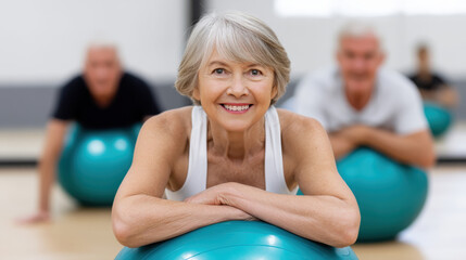 Happy senior woman smiles during pilates class on an exercise ball, promoting healthy aging, wellness, and fitness for older adults.