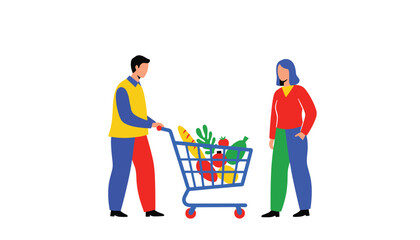 Modern couple grocery shopping together with vibrant cart full of fresh produce for a healthy meal and lifestyle in colorful illustration