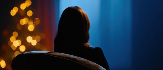 Solitary woman silhouette in armchair, contemplative mood on a moody winter night, illuminated by warm golden bokeh lights and deep blue hues.