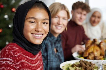 Smiling multicultural family enjoys a festive holiday dinner, celebrating togetherness and diversity during Christmas.