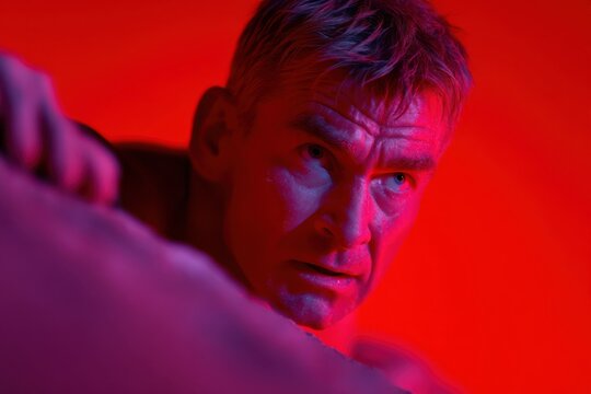 Focused senior man shows determination while intensely climbing an indoor rock wall, demonstrating strength and effort in dramatic lighting.