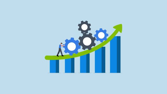 Process improvement, 4k animation of entrepreneur moving gears upward on ascending progress chart illustration.