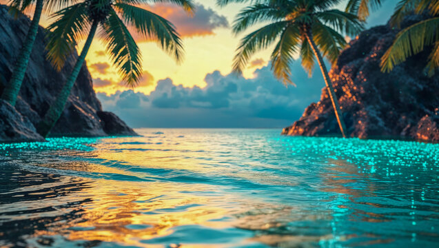  AI-generated image, breathtaking landscape of a tropical beach at sunset with a Bokeh background