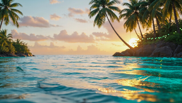  AI-generated image, breathtaking landscape of a tropical beach at sunset with a Bokeh background - Powered by Adobe