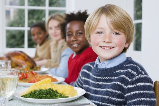Happy diverse family enjoys a festive holiday meal, with a young boy smiling warmly at the camera.