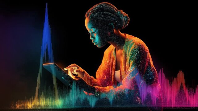 A woman with a contemplative expression sits as her semi-transparent pixelated form glows in orange, yellow, and blue  scrolling through a tablet with pulsing sound wave patterns, 4k video footage