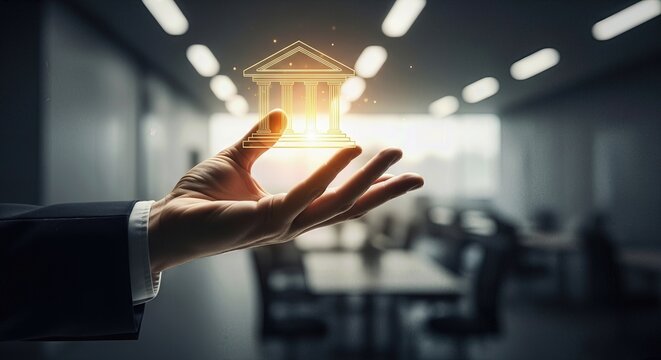 A glowing building symbol appears in an open hand, representing financial institution security and prosperity, against a modern office background.