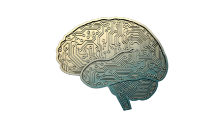 Brain, Metallic Shape with Circuit Board Patterns and Glowing Edges isolated on a transparent background, cutout, PNG