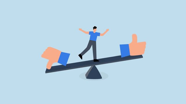 Demerit and merit evaluation, 4k animation of businessman teetering on a seesaw with thumbs up and down.