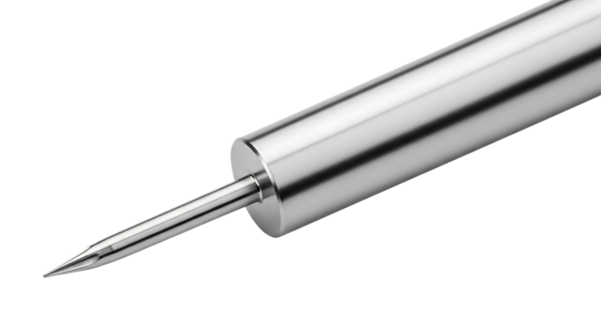 Needle, Close Up of Sharp Metal Tip and Cylindrical Handle isolated on a transparent background, cutout, PNG