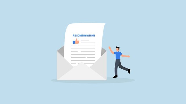 Recommendation letter, 4k animation of joyful entrepreneur holding letter of recommendation in email envelope.
