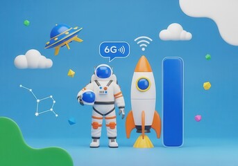Astronaut with 6G technology, rocket, UFO, and cloud on blue background. Future