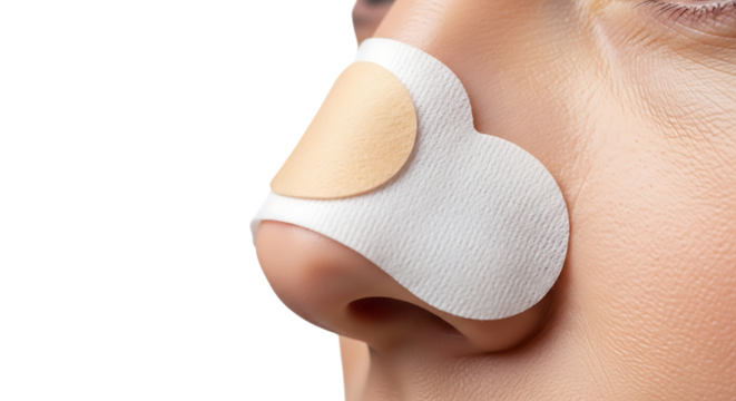 Nose, Close Up of Person's Skin with White and Beige Pore Strips Applied to the Skin isolated on a transparent background, cutout, PNG