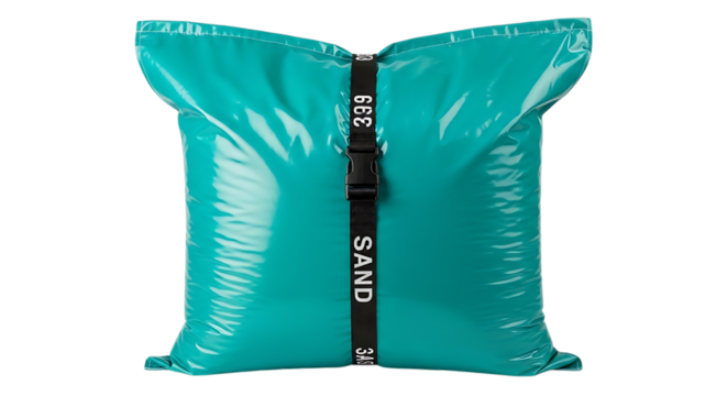 Sand Bag, Teal Plastic Filled with Sand Secured by a Black Strap and Buckle isolated on a transparent background, cutout, PNG