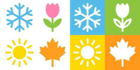 Set of four seasons icons. Symbols of winter, spring, summer and autumn with snowflake, flower, sun and fall leaf. Simple vector design for weather, calendar and education projects.