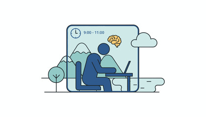 A graphic depicting a person engaging in deep work during a scheduled time block surrounded by imagery of a calm environment with minimal distractions.