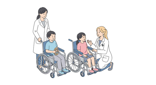 Caring doctors tending to happy children in wheelchairs, promoting inclusivity and accessible healthcare for all young patients today