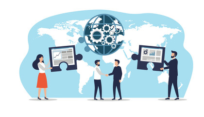 Dynamic global business strategy and partnership connecting for success with innovative solutions in a modern world environment for progress