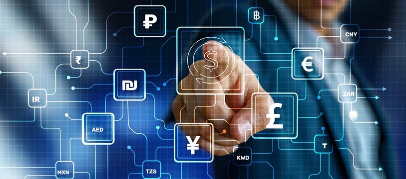 Currency technology concept. Transaction currency exchange, blockchain technology. International money transfer, banking payment