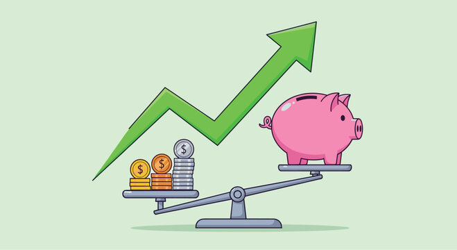 Grow your savings with smart investments and balanced financial planning for a secure future, featuring a cute piggy bank and rising arrow