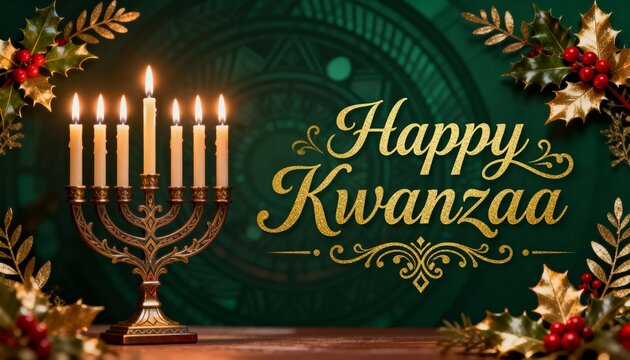 Happy Kwanzaa greeting with a menorah and Christmas holly. Festive holiday background with lit candles and gold glitter text