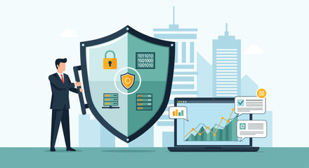 Professional businessman secures digital data with large shield, analyzing growth charts on laptop in modern city office