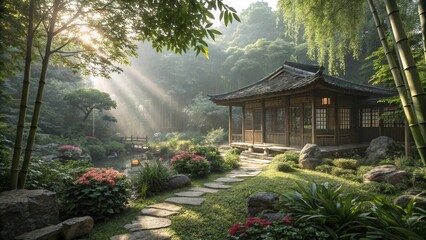 Morning Scene in a Tranquil Asian Garden with Tea House