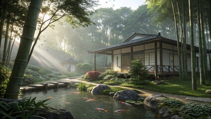Peaceful Asian Garden at Sunrise Featuring Tea House