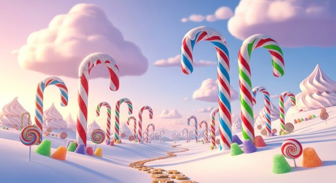 Whimsical Candy Cane Forest in Snowy Landscape