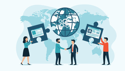 Diverse team collaborates building global business connections with digital solutions and puzzle pieces fitting together