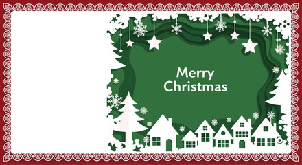 Warmly celebrate winter holidays with charming village and festive snowflakes wishing Merry Christmas