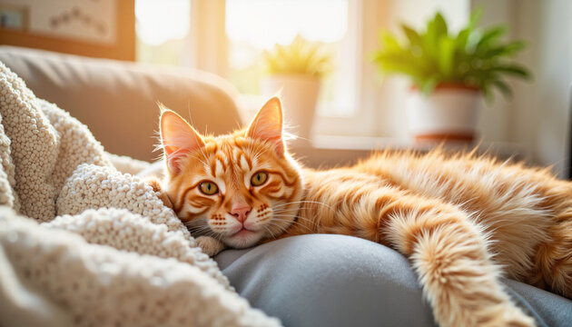 Cozy orange cat relaxing indoors on a soft blanket, tranquil comfort