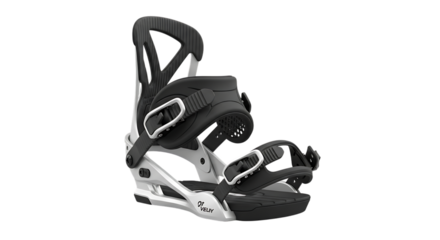 Snowboard Binding, White and Black with Silver Buckles and Textured Straps isolated on a transparent background, cutout, PNG