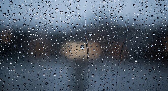 Raindrops on Window Glass with Blurred City Lights Background Rainy Day Cinematic Mood Photography  
