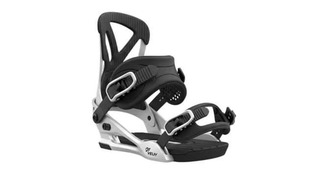 Snowboard Binding, White and Black with Silver Buckles and Textured Straps isolated on a transparent background, cutout, PNG