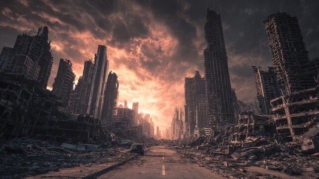Apocalyptic cityscape with destroyed buildings under a dramatic sky