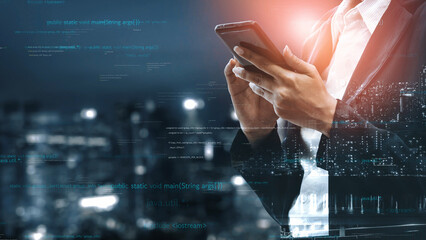 A business professional engages with a smartphone amidst a vibrant urban landscape. The image highlights the fusion of technology and connectivity in modern communication. Xenic