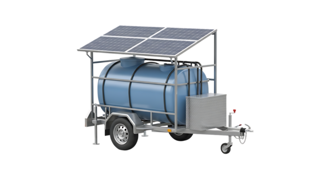 Water Tank, Blue on Trailer with Solar Panels isolated on a transparent background, cutout, PNG