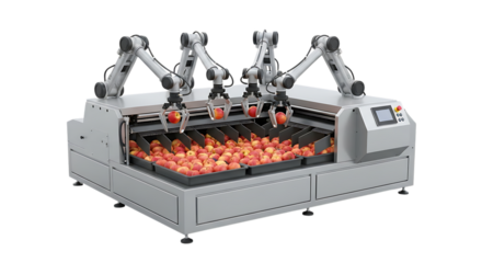 Robotic Arms, Automated Sorting Fresh Red Apples in a Processing Machine isolated on a transparent background, cutout, PNG