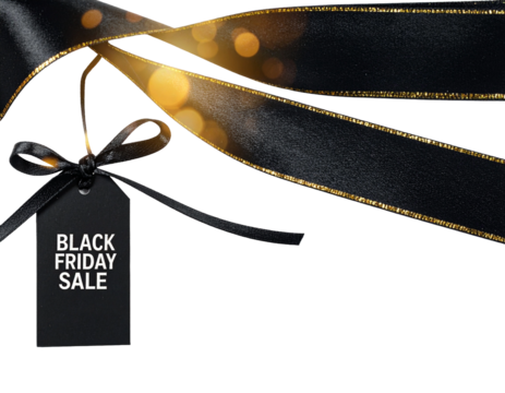 Black friday sale tag with black ribbon and golden bokeh lights