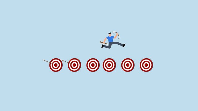 Goal tracking, 4k animation of Entrepreneur with bow and arrow leaps towards accomplished goals.