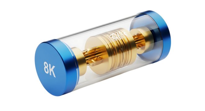 Cylinder, Transparent with Gold Mechanism and Blue End Caps Labeled 8 K isolated on a transparent background, cutout, PNG
