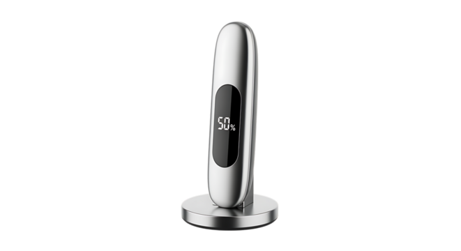 Grooming Device, Sleek Silver Electric with Digital Display Showing 50 Percent Charge isolated on a transparent background, cutout, PNG