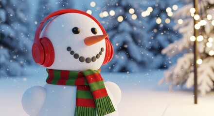 Snowman Listening to Music with Red Headphones
