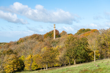 Obraz premium Landscape photo of the autumn colours at Admiral Hood Monument overlooking the village of Compton Dundon in somerset