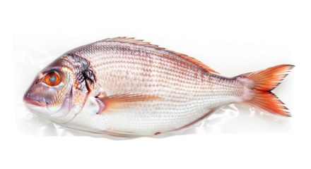 Sea Bream Fish, Whole Raw with Orange Fins and Reddish Scales isolated on a transparent background, cutout, PNG